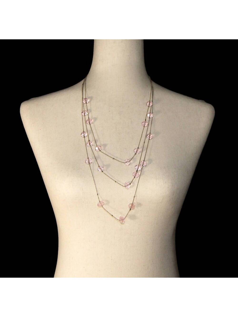 Vintage Silver Tone and Pink Glass Beads 24 Inch 3 Strand Tiered Necklace.